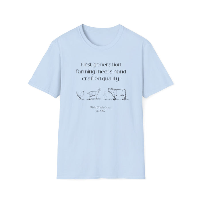 First Generation Farming shirt, first generation farming meets hand crafted quality, farming shirt, farming apparel, shirts for first generation farming, North Carolina farming, North Carolina farming shirt, T-Shirts for farmers, Homesteading t-shirt