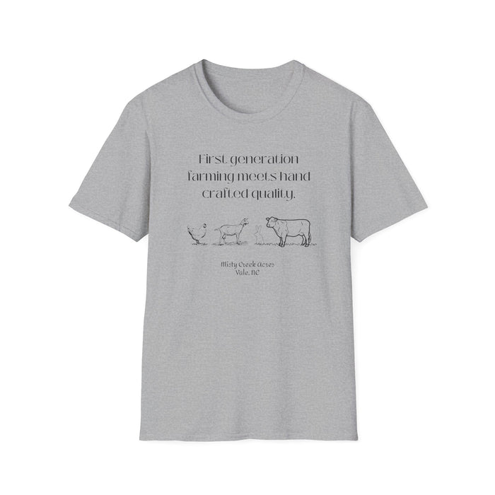 First Generation Farming shirt, first generation farming meets hand crafted quality, farming shirt, farming apparel, shirts for first generation farming, North Carolina farming, North Carolina farming shirt, T-Shirts for farmers, Homesteading t-shirt