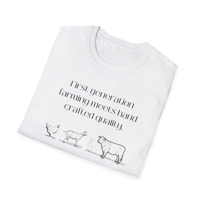 First Generation Farming shirt, first generation farming meets hand crafted quality, farming shirt, farming apparel, shirts for first generation farming, North Carolina farming, North Carolina farming shirt, T-Shirts for farmers, Homesteading t-shirt