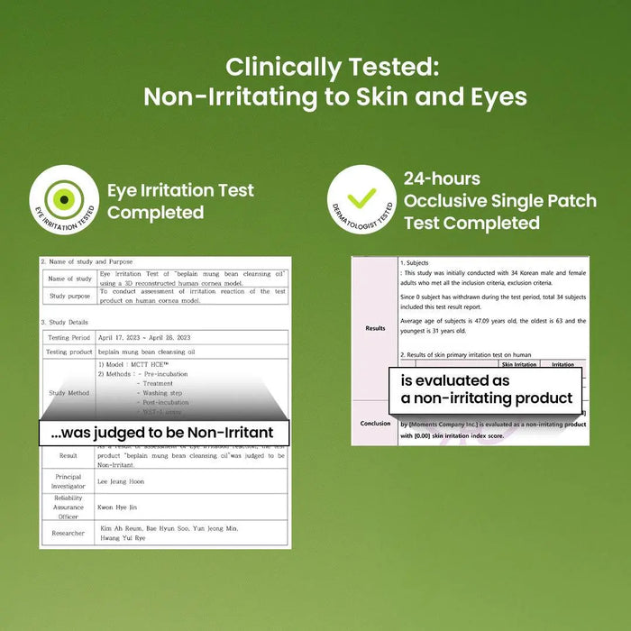 Beplain Mung Bean Cleansing Oil clinically tested non-irritating to skin and eyes - eye irritation test and dermatologist patch test completed