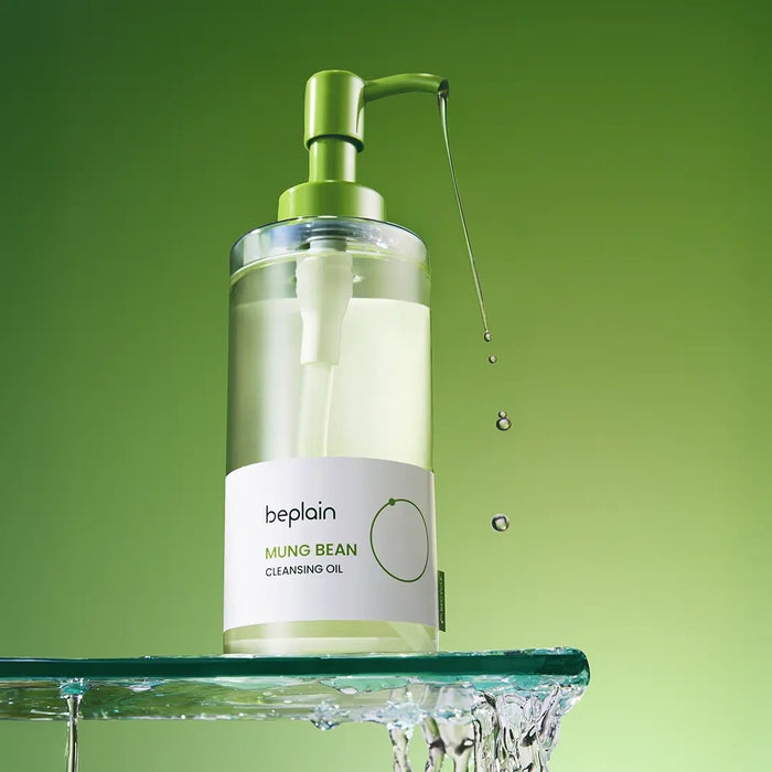 Beplain Mung Bean Cleansing Oil pump dispenser with water splash - rinses clean without residue