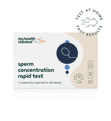 My Health Checked sperm concentration rapid test kit box on a plain background
