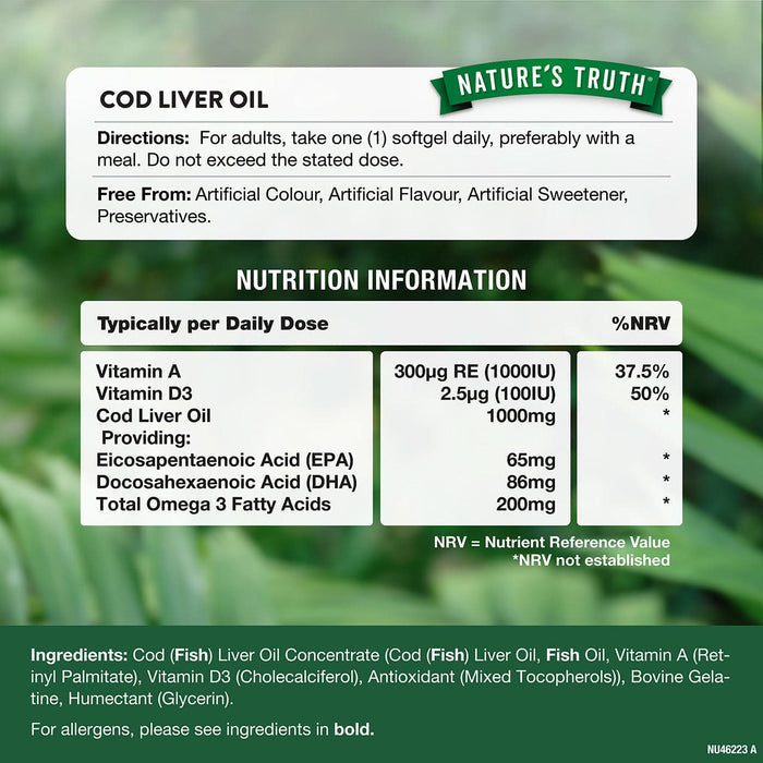 Natures Truth Cod Liver Oil 1000mg with Vitamin D+A 60 Softgels