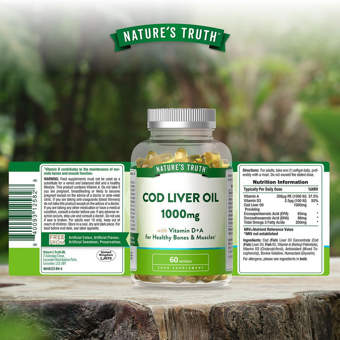 Natures Truth Cod Liver Oil 1000mg with Vitamin D+A 60 Softgels