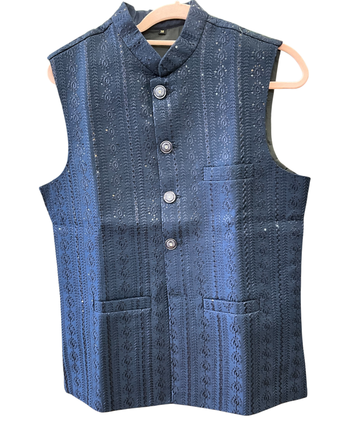 Navy Blue - All Over Embroidered - Mens Indian Waistcoat - UK Stock - 24 hr Dispatch - KCS4089 06KC26