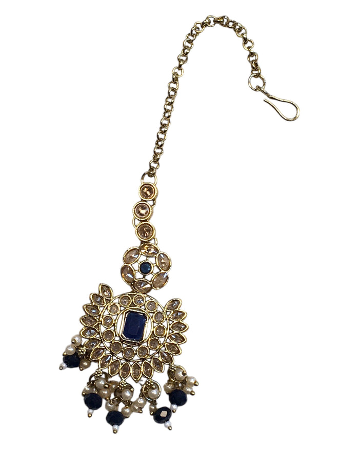 Navy Blue - Large - Antique Gold Finish Traditional Tika Head piece - Bollywood - Weddings - PRI1773  11V24