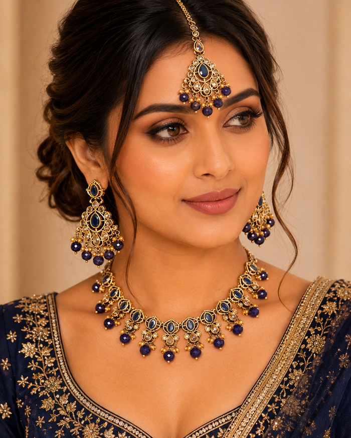 Navy Blue - Large Size Antique Gold Finish Necklace Set with Earrings - AV7787  11KK24