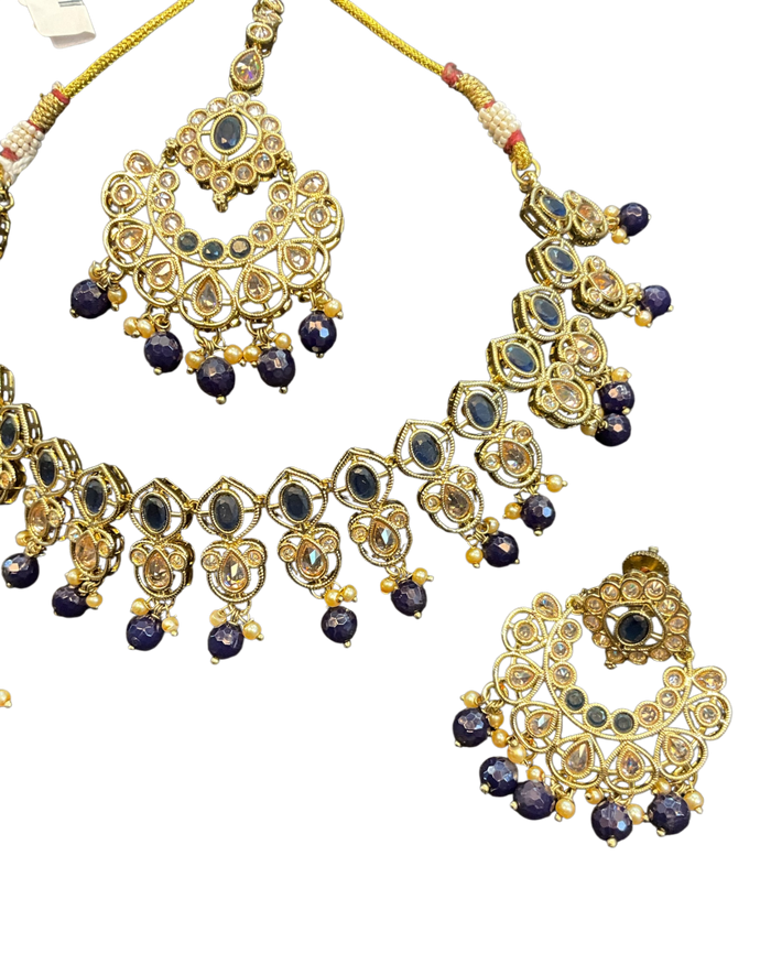 Navy Blue - Large Size Antique Gold Finish Necklace Set with Earrings - AV7787  11KK24