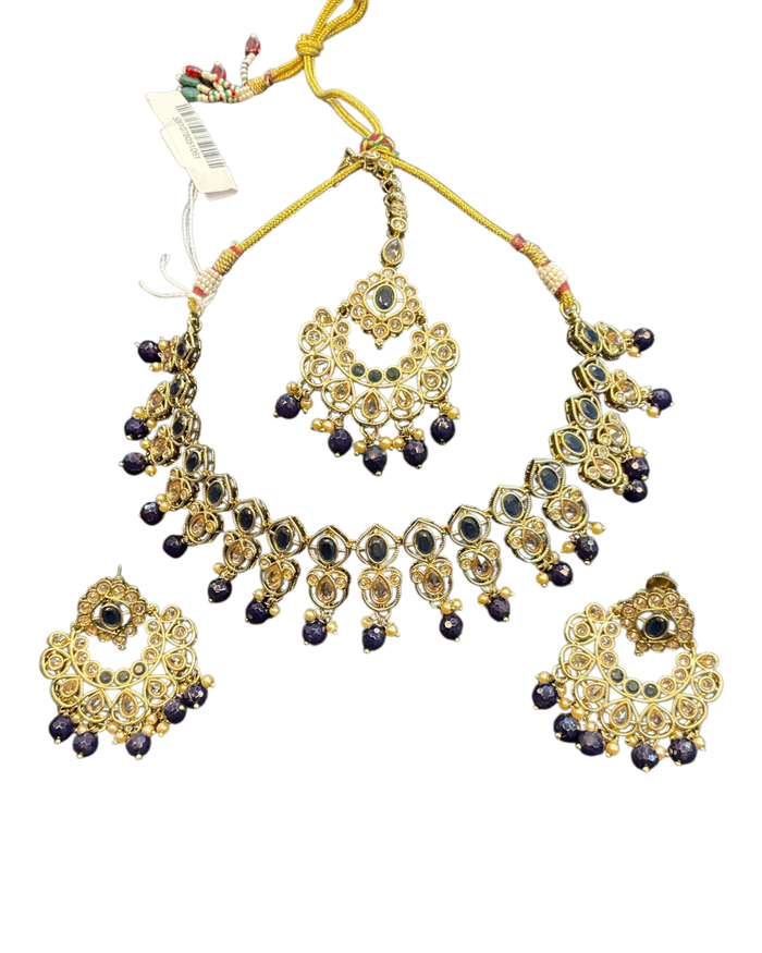 Navy Blue - Large Size Antique Gold Finish Necklace Set with Earrings - AV7787  11KK24