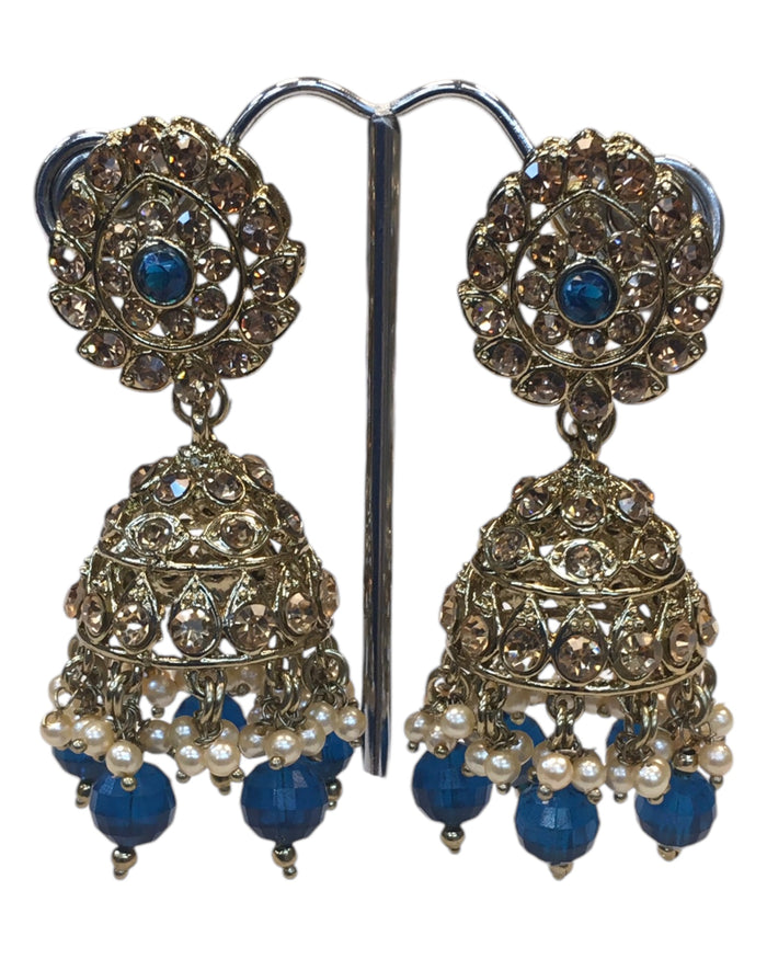 Navy Blue - Large Size Antique Gold Finish Necklace Set with Earrings - JIG49  11H24