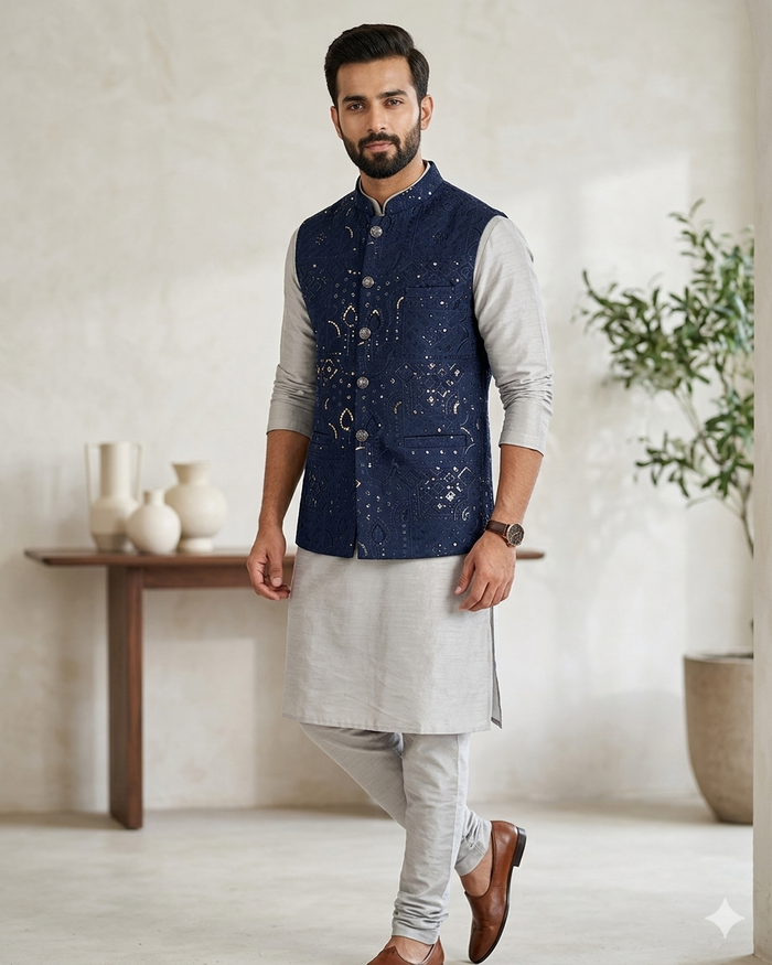 Navy Blue - Rich All Over Embroidered - Mens Indian Waistcoat - UK Stock - 24 hr Dispatch - KCS4088 06VV26