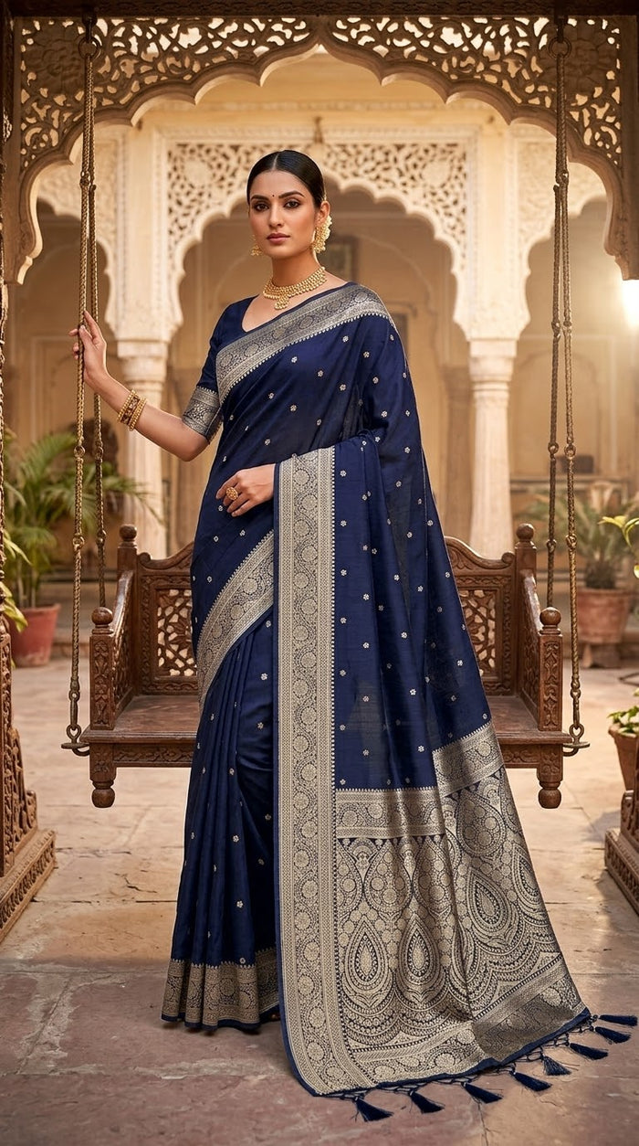 Navy Blue - Traditional Handloom Saree with Blouse Piece - UK stock - 24hr Dispatch - SP2630 KP