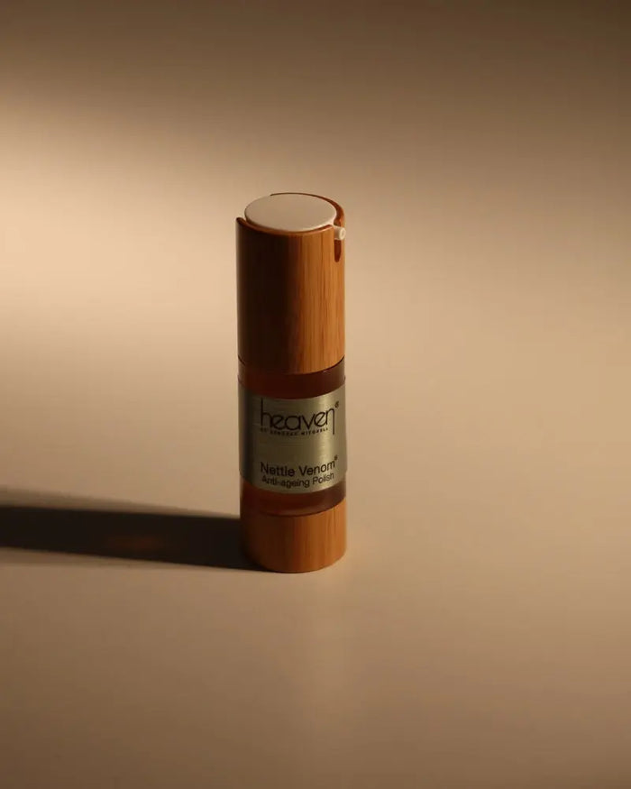 Skincare bottle with wooden design on a beige background