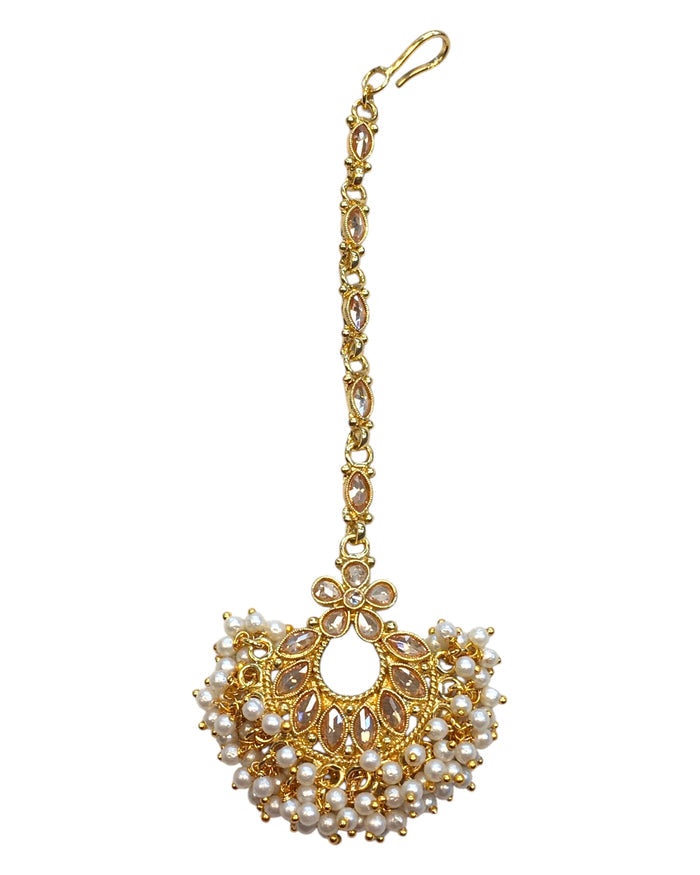 Neutral Gold Pearl - Gold Finish Large Size Tika Head Piece - Indian Ladies Fashion Jewellery - AE2439 11T24
