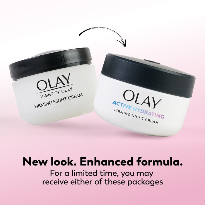 Two Olay night cream jars on a pink background with text about a new look and enhanced formula.