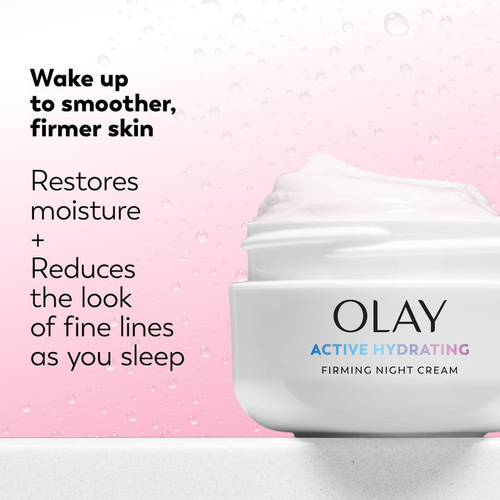Olay Active Hydrating Firming Night Cream jar with text on a pink background