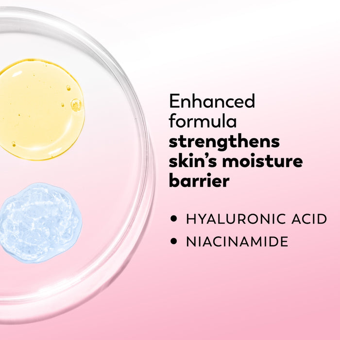 Cosmetic product with text highlighting ingredients and benefits on a pink background