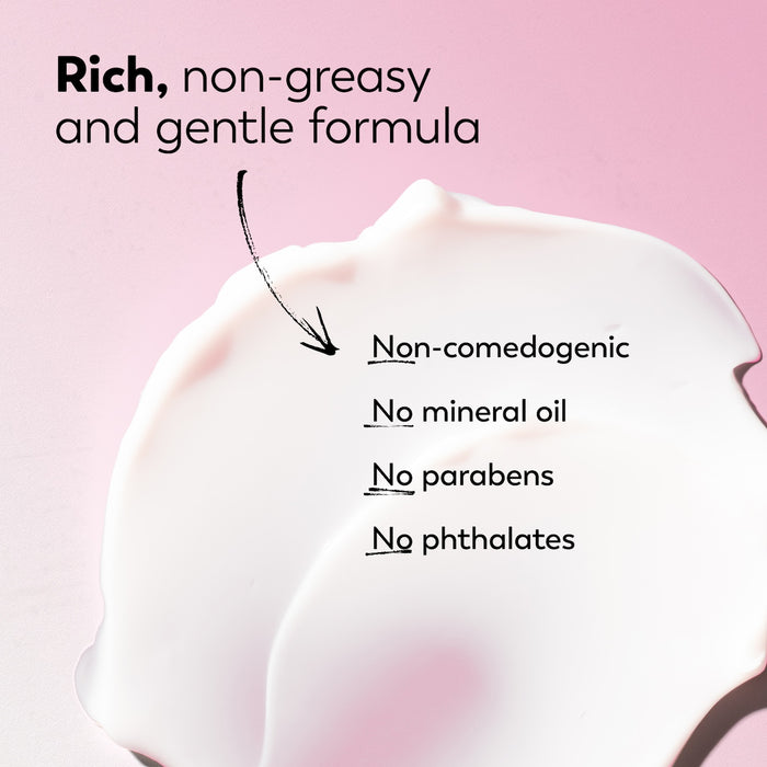 Product texture with text highlighting features on a pink background