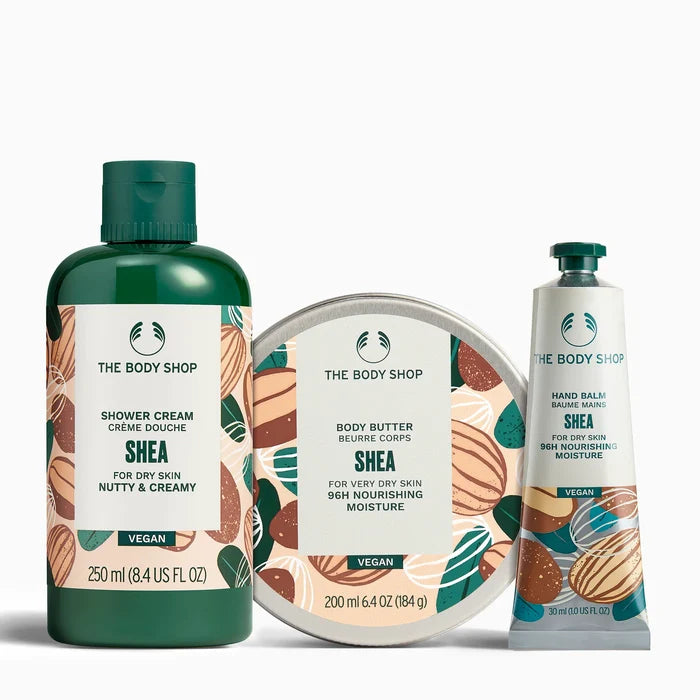 Shea Nourishing Moisture Bundle with shower cream, body butter, and hand balm products grouped together