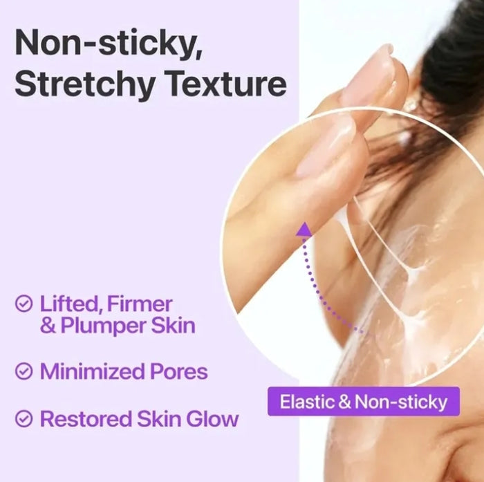 Advertisement for a skincare product with text about texture and skin benefits on a purple background.