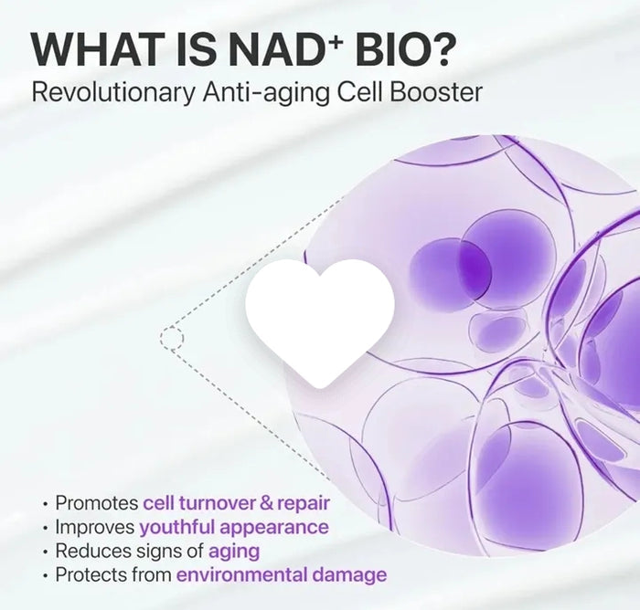 Purple face mask with text about NAD+ bio and its benefits on a white background