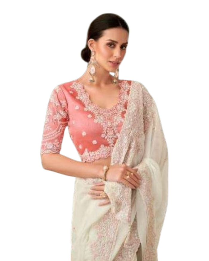 Off White - Fancy Saree with contrast Blouse Piece - UK stock - 24hr Dispatch - TFH205TT