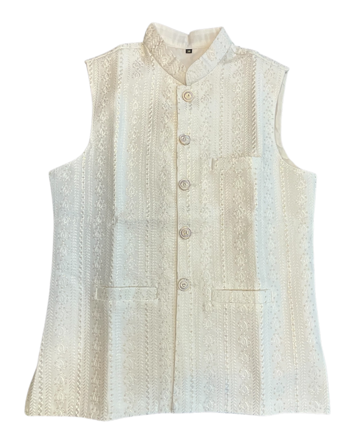 Off White / Cream - All Over Embroidered - Mens Indian Waistcoat - UK Stock - 24 hr Dispatch - KCS4089 06KC26