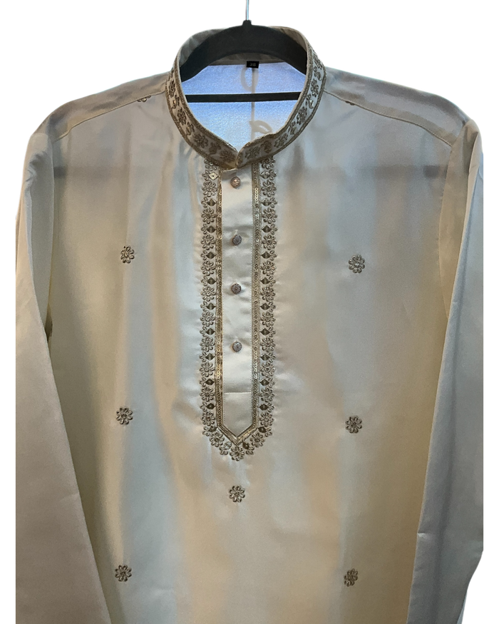 Off White / Cream - Soft Cotton Silky Mens Kurta Set with Neck Thread Embroidery- Sangeet Mehendi Haldi - KCS1019 06KC26