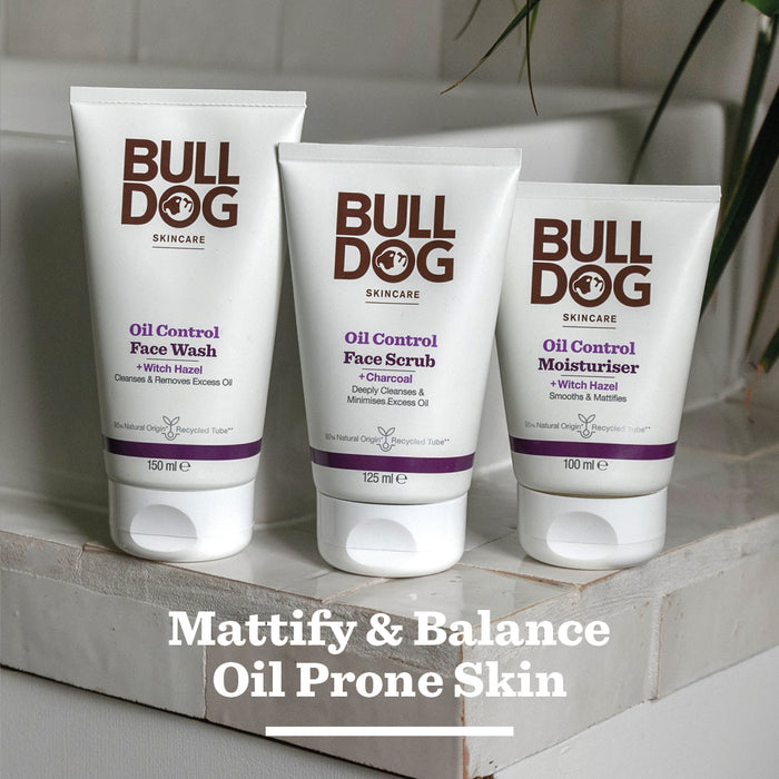 Bulldog Skincares Oil Control Face Wash, Oil Control Face Scrub, and Moisturiser for men with natural origin ingredients are shown on a bathroom ledge. Text below says: Mattify & Balance Oil Prone Skin.