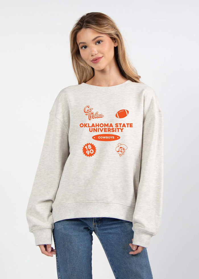 Oklahoma State Cowboys Women's Ash-Grey Relaxed Heavyweight Fleece Sweatshirt with Dropped shoulders, crew neckline, back center seam and ribbed neckline, cuffs and hem