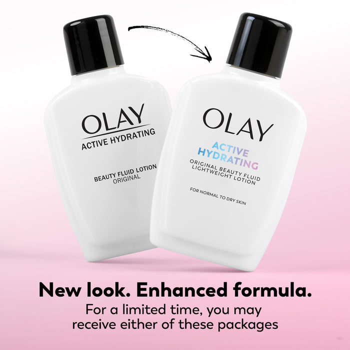 Two Olay Active Hydrating beauty fluid bottles on a pink background with text about a new look and enhanced formula.