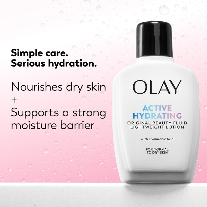 Olay Active Hydrating bottle with text on a pink background