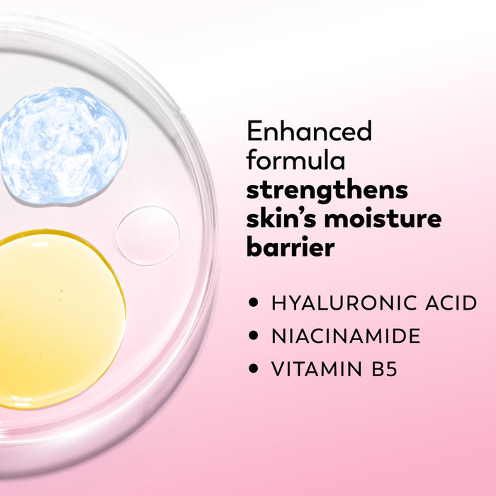 Product container with text highlighting ingredients for skin moisture barrier enhancement.