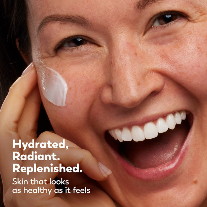 Woman applying cream to her face with text about hydrated, radiant skin.