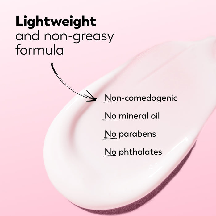 Product droplet with text highlighting features on a pink background