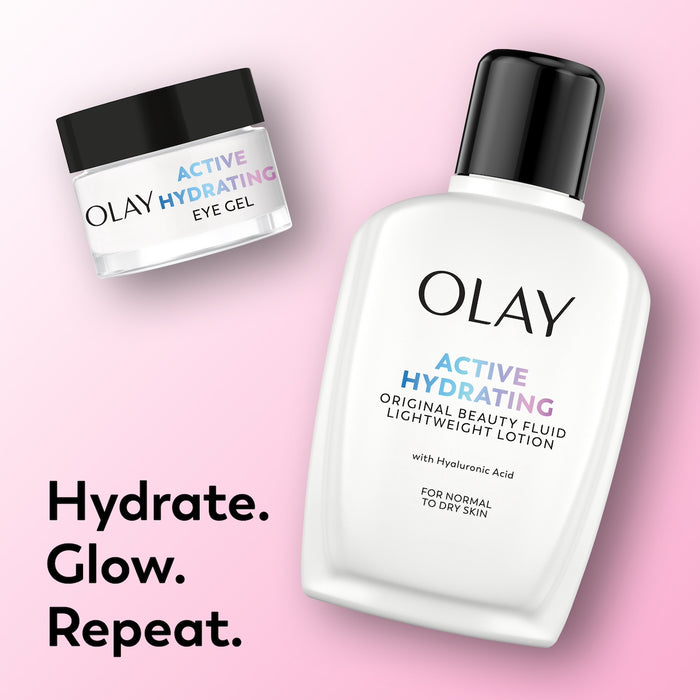 Olay Active Hydrating eye gel and lotion on a pink background with text 'Hydrate. Glow. Repeat.'