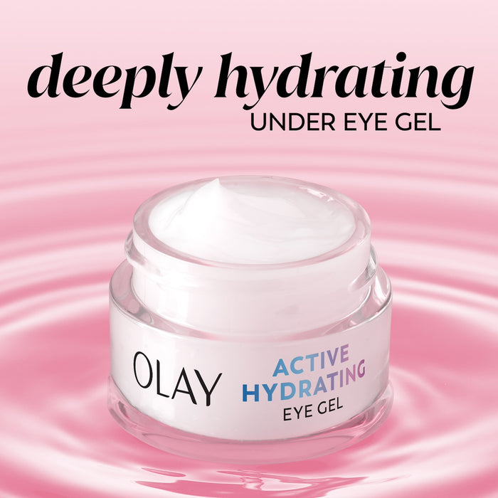 Olay Active Hydrating Eye Cream with lid off of jar. Deeply hydrating under eye gel.