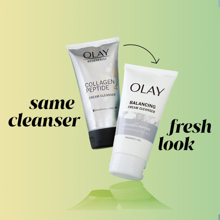 same cleanser, fresh look. Old design Collagen Peptide Cleanser bottle, and new design  Collagen Peptide Cleanser bottle
