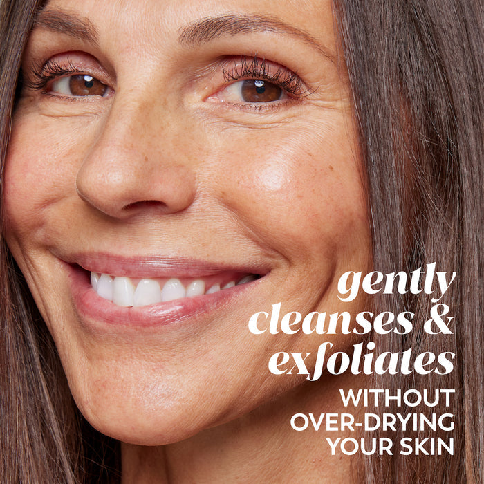Model posing. Gently cleanses and exfoliates without over drying your skin