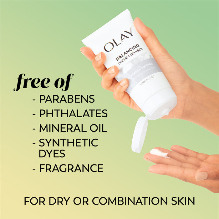 Model applying cleanser to hand from bottle. Free of parabens, phthalates, mineral oil, synthetic dyes, fragrance, for dry or combination skin