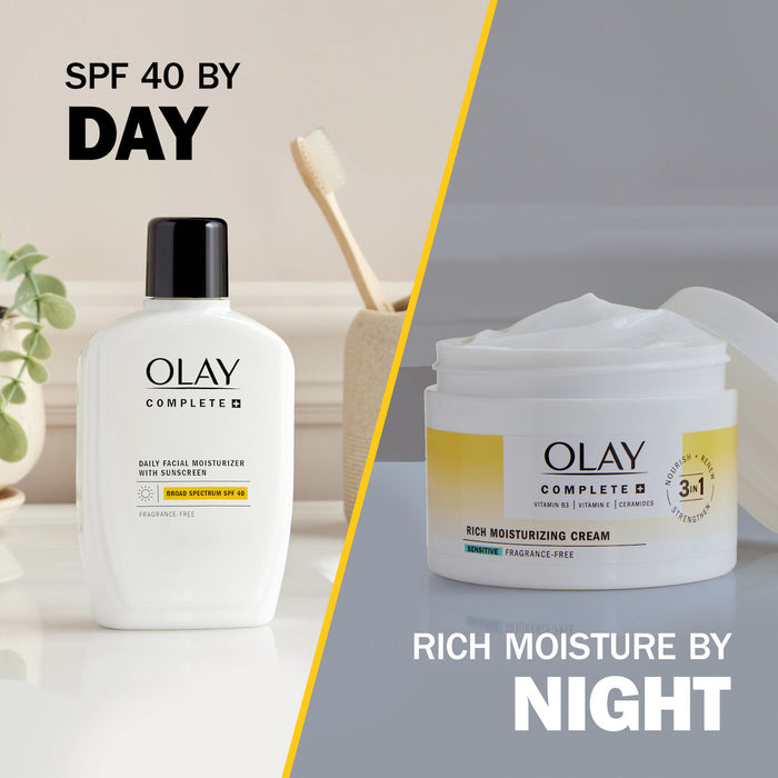Olay complete moisturizer SPF 40 bottle. SPF 40 by day. Olay Complete + Rich Moisturizing Cream container. Rich moisture by night.