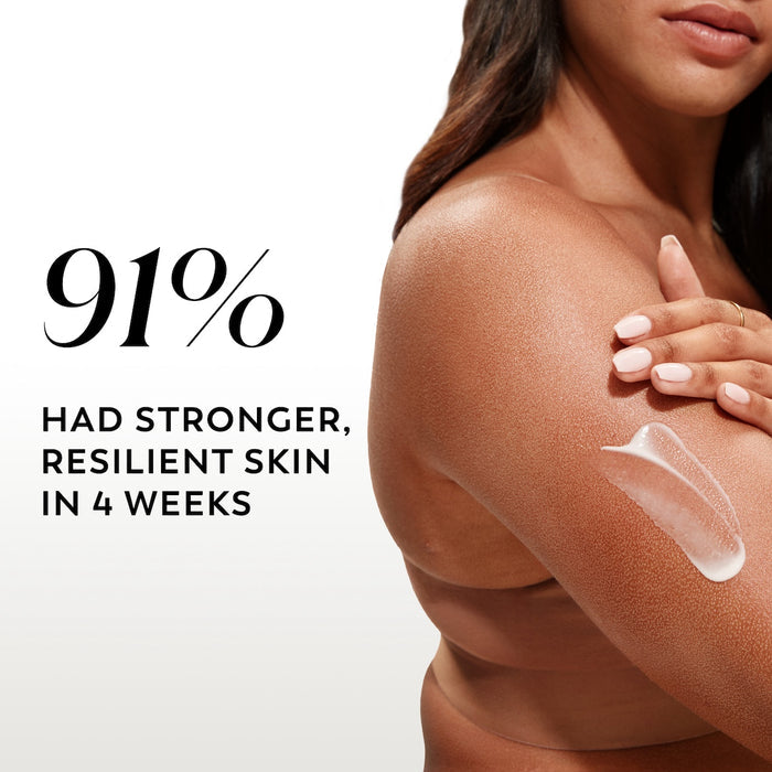 Model posing applying Olay Firming & Hydrating Body Lotion with Collagen lotion to skin. 91% had stronger, resilient skin in 4 weeks.