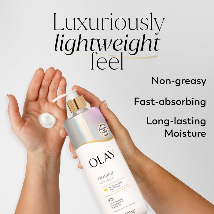 Model applying Olay Firming & Hydrating Body Lotion with Collagen in hand. Luxurious lightweight feel. Non greasy, fast absorbing, long lasting moisture.