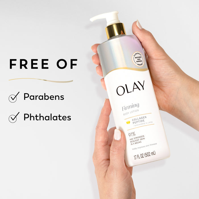 Model holding Olay Firming & Hydrating Body Lotion with Collagen bottle in hand. Free of parabens, phthalates