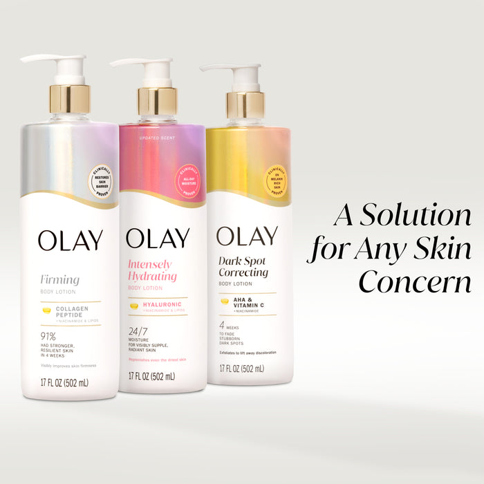 Three body lotion products. Firming collagen peptide, intensely hydrating hyaluronic, dark spot correcting AHA and Vitamin C bottles. A solution for any skin concern.