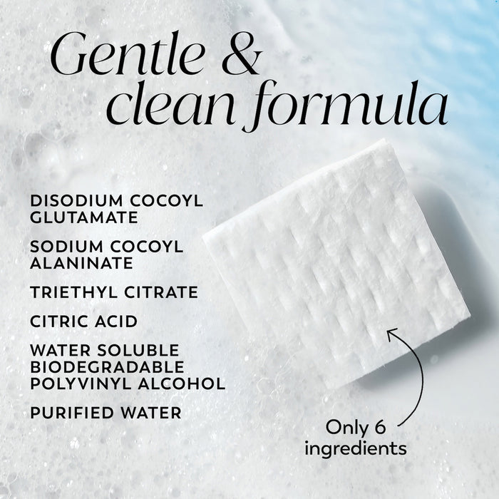 Melts gentle swatch laying in foam bubbles. Gentle and clean formula. Disodium cocoyl, sodium cocoyl, triethyl citrate, citric acid, water soluble biodegradable polyvinyl alcohol, purified water. Only 6 ingredients.