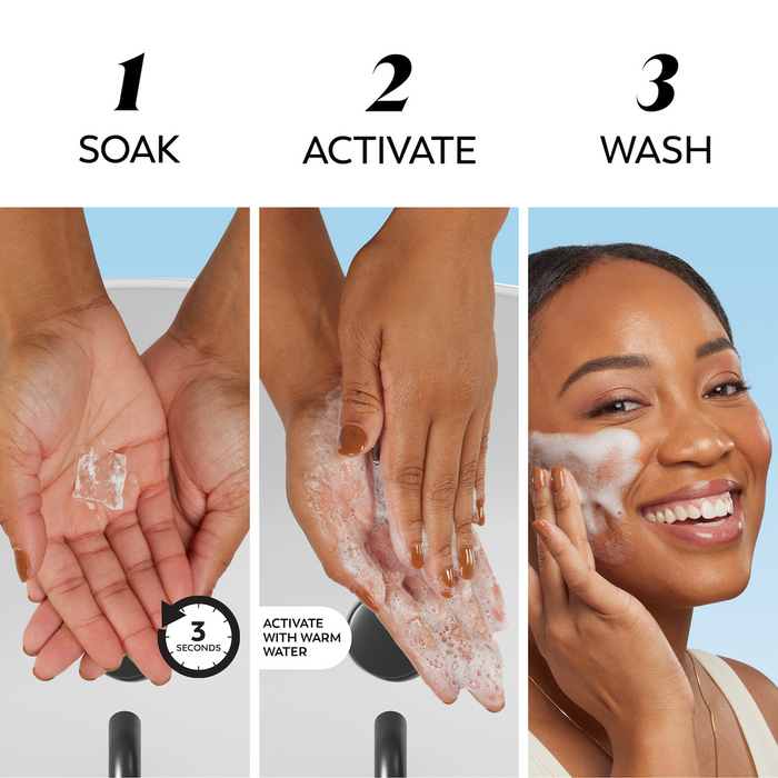 3 routine images from melts swatch in hand to soak 3 seconds. Activate with warm water in hands. Wash with cleanser on face.