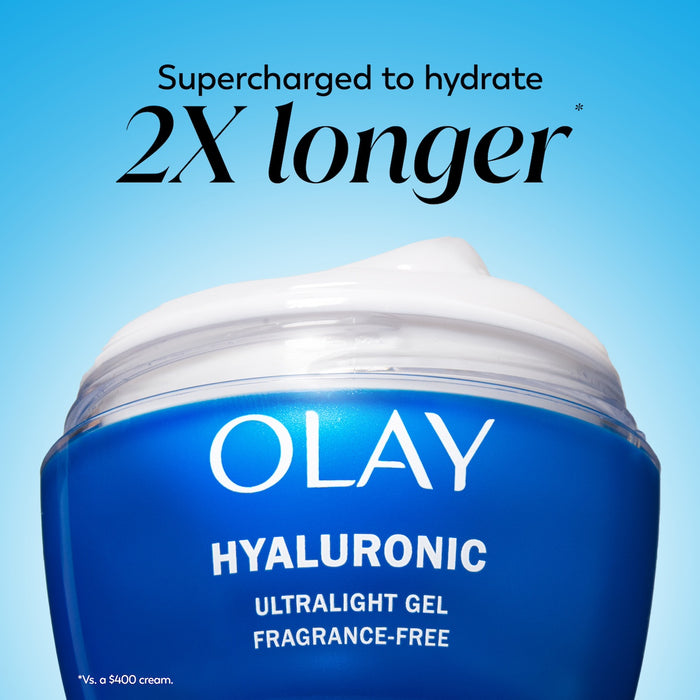 Olay Hyaluronic Ultralight Gel jar. Supercharged to hydrate 2x longer* *vs a $400 cream