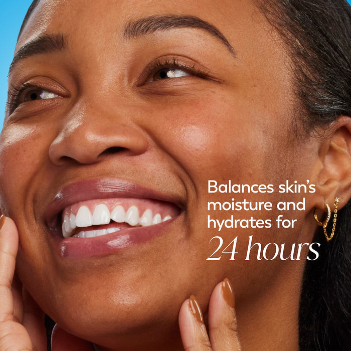 Model posing and smiling. Balances skin's moisture and hydrates for 24 hours