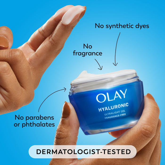 Model dipping fingers in Olay Hyaluronic Ultralight Gel. No synthetic dyes, no fragrance, no parabens or phthalates. Dermatologist tested